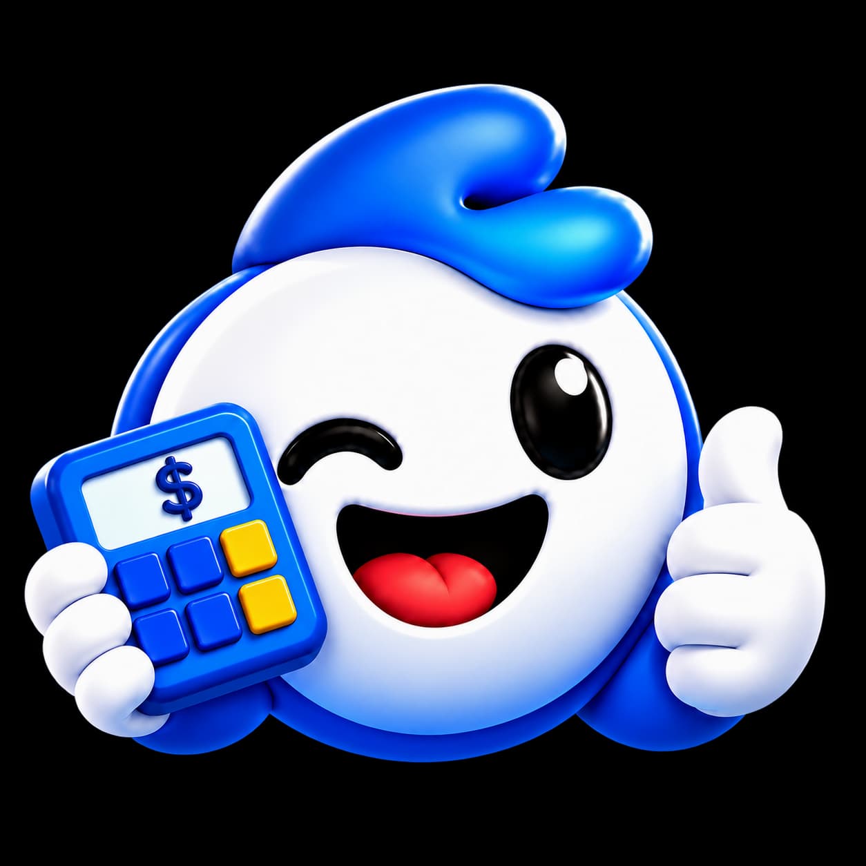 Mascote do Financeiro Food com uma calculadora e fazendo um gesto de aprovação